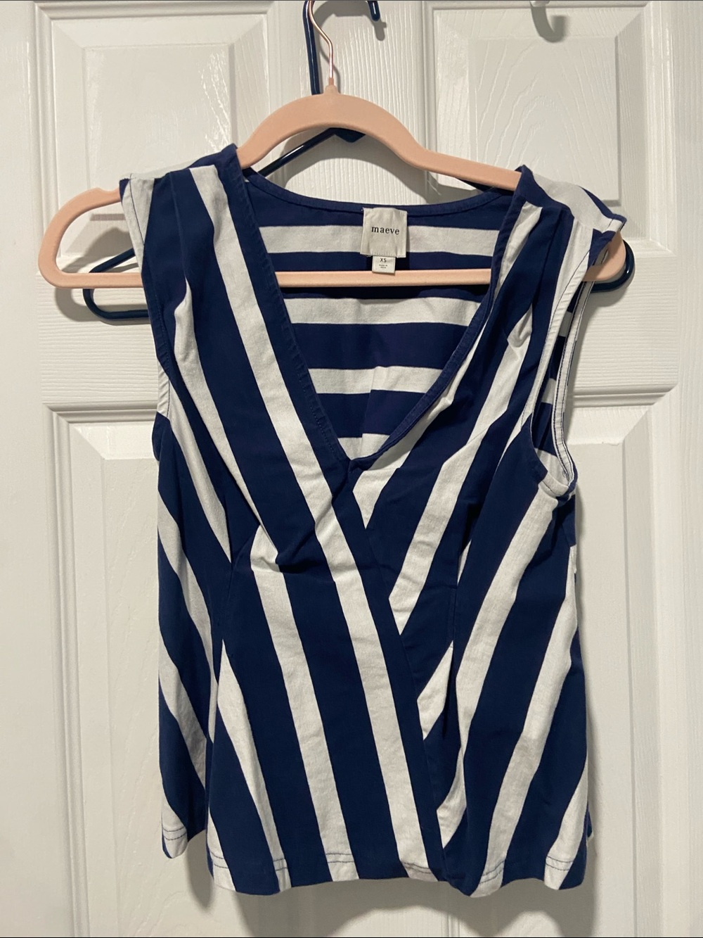 Maeve Navy and White Striped V-Neck Sleeveless Top